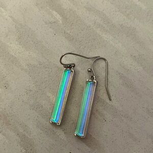 Vintage Iridescent Crystal Dangle Silver Tone Baguette Earrings